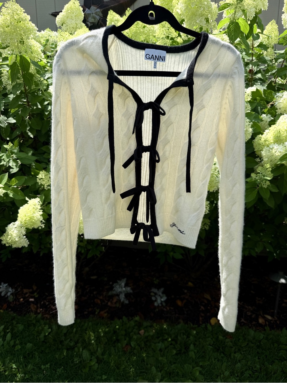 Ganni Cream Cable-Knit Tie-Front Cardigan with Black Trim